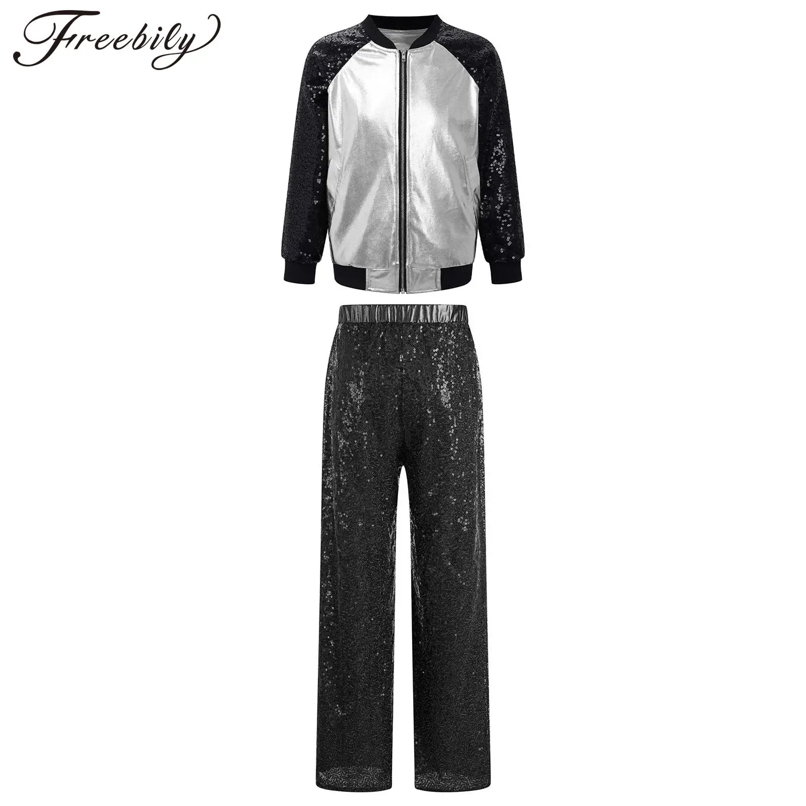 

Kids Girls Sequin Jazz Hip Hop Outfit Metallic Jacket Pants Teen Fashion Street Dance Wear Party Costume Children Dancewear Sets