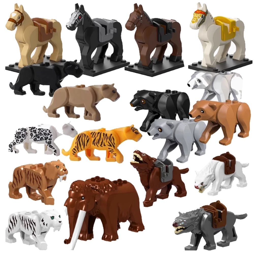 MOC City Animal Building Blocks Goat Elephant Bear Crocodile Lizard Tiger Leopard Panda Warhorse Set Educational Toys Gift QT013