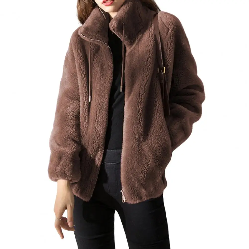 Solid Color Jacket Stylish Stand Collar Winter Coat with Plush Lining Zipper Closure Women's Warm Cardigan Jacket for Daily