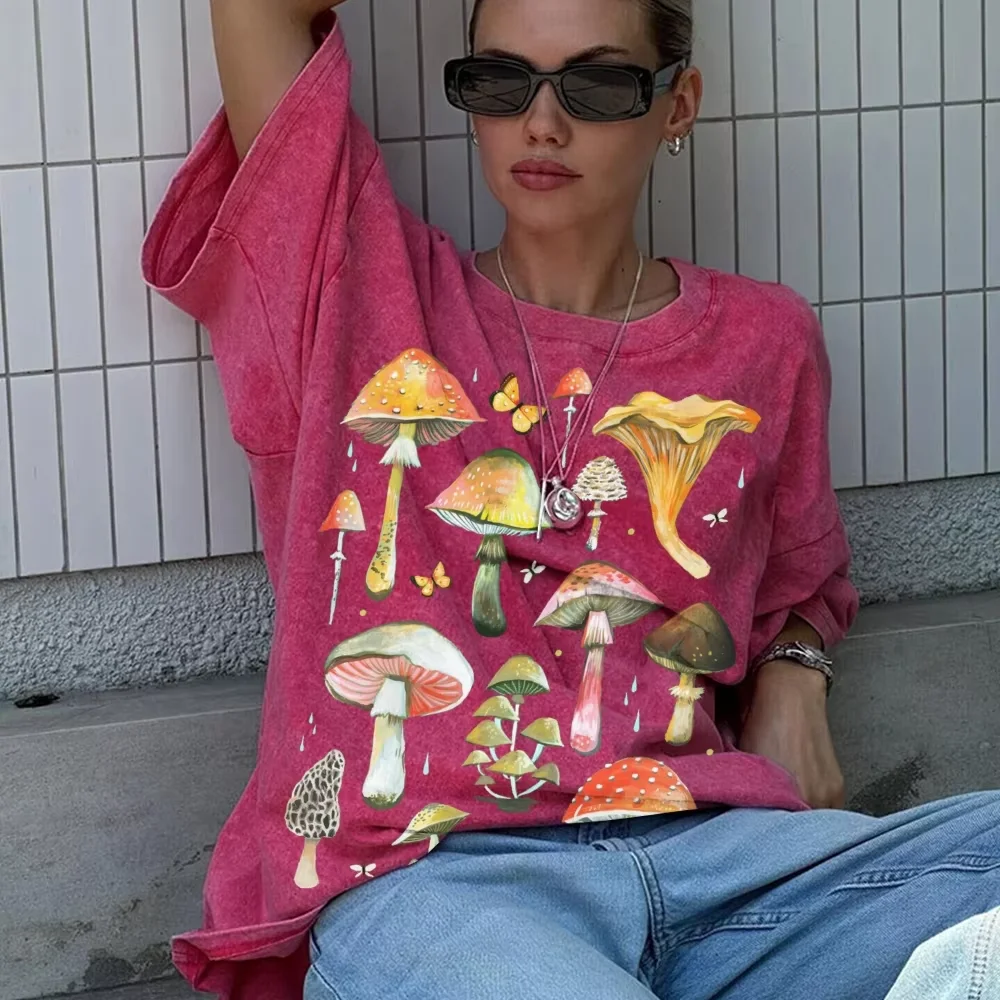 Retro Washed Shoulder T-Shirt Round Neck High Quality Pure Cotton Delicious Mushroom Print Fashion Summer New Short Sleeves