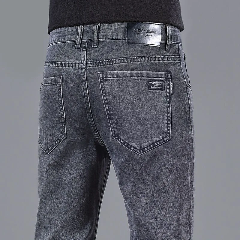 

Men's Casual Elastic Denim Pants Spring Autumn Straight Leg High Quali Leisure Trousers Low Waist Dstring Other Fabric