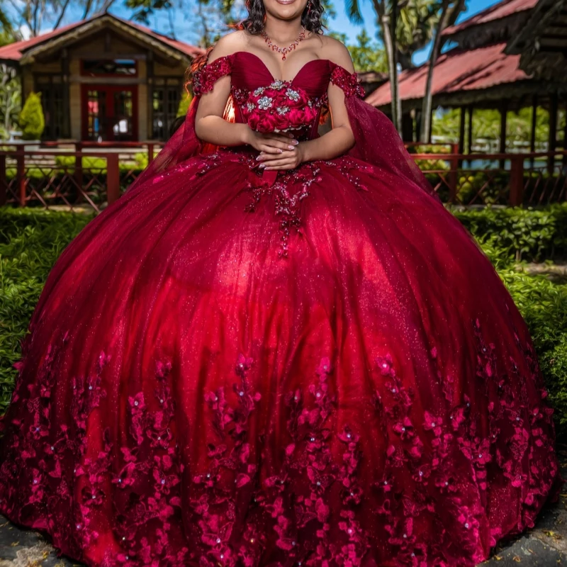 

Red Shiny Quinceanera Dresses Ball Gown Off The Shoulder Applique Beads Bow With Cape Tull Corset Sweet 16 Dress Vestidos 15 De