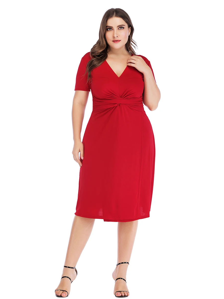 Plus Size Dress Woman Summer V Neck Short Sleeve Solid Casual Dress High Waist Red Midi Dress Curvy Size Odzież damska