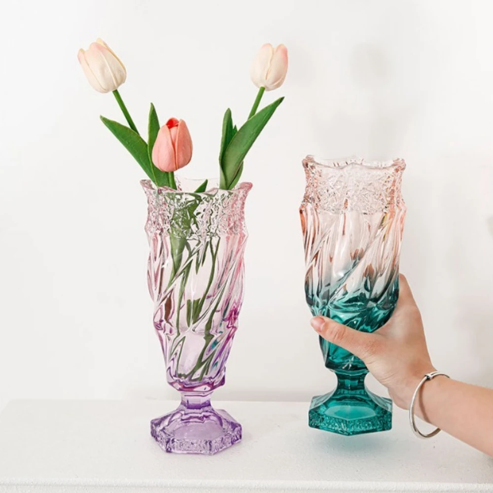 Gradient Embossed Glass Vase Footed Vintage Flower Holder Elegant Style Ornament Living Room Dining Table Home Decoration