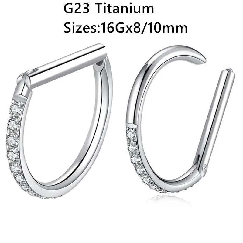 

10pcs/Lot G23 Titanium CZ D Ring Nose Hoop Septum Clicker Ring Earring Lip Ear Tragus Helix Cartilage 16Gx8/10mm Body Piercing