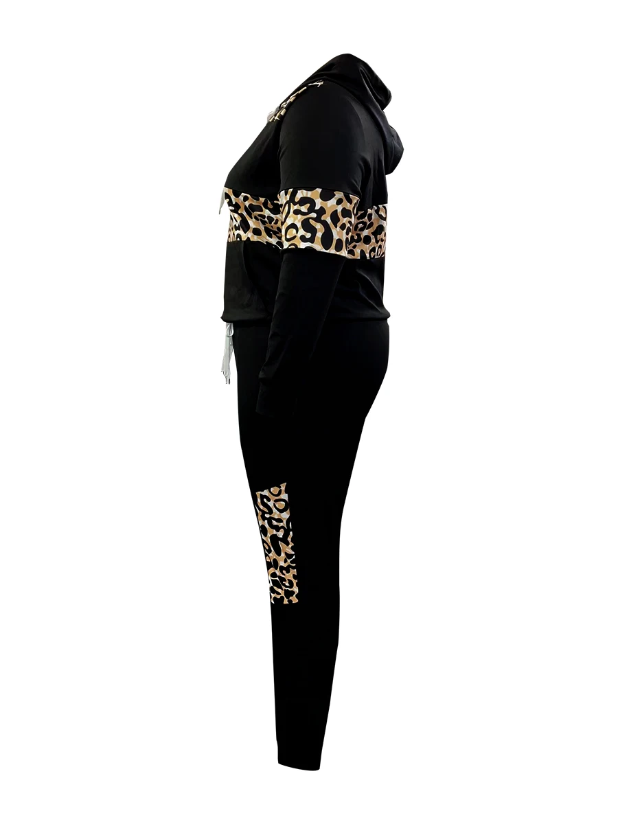 LW Plus Size Autumn Two pieces set long sleeve Hooded Collar Leopard Print Hoodie top & pants suit winter casual Tracksuit Set