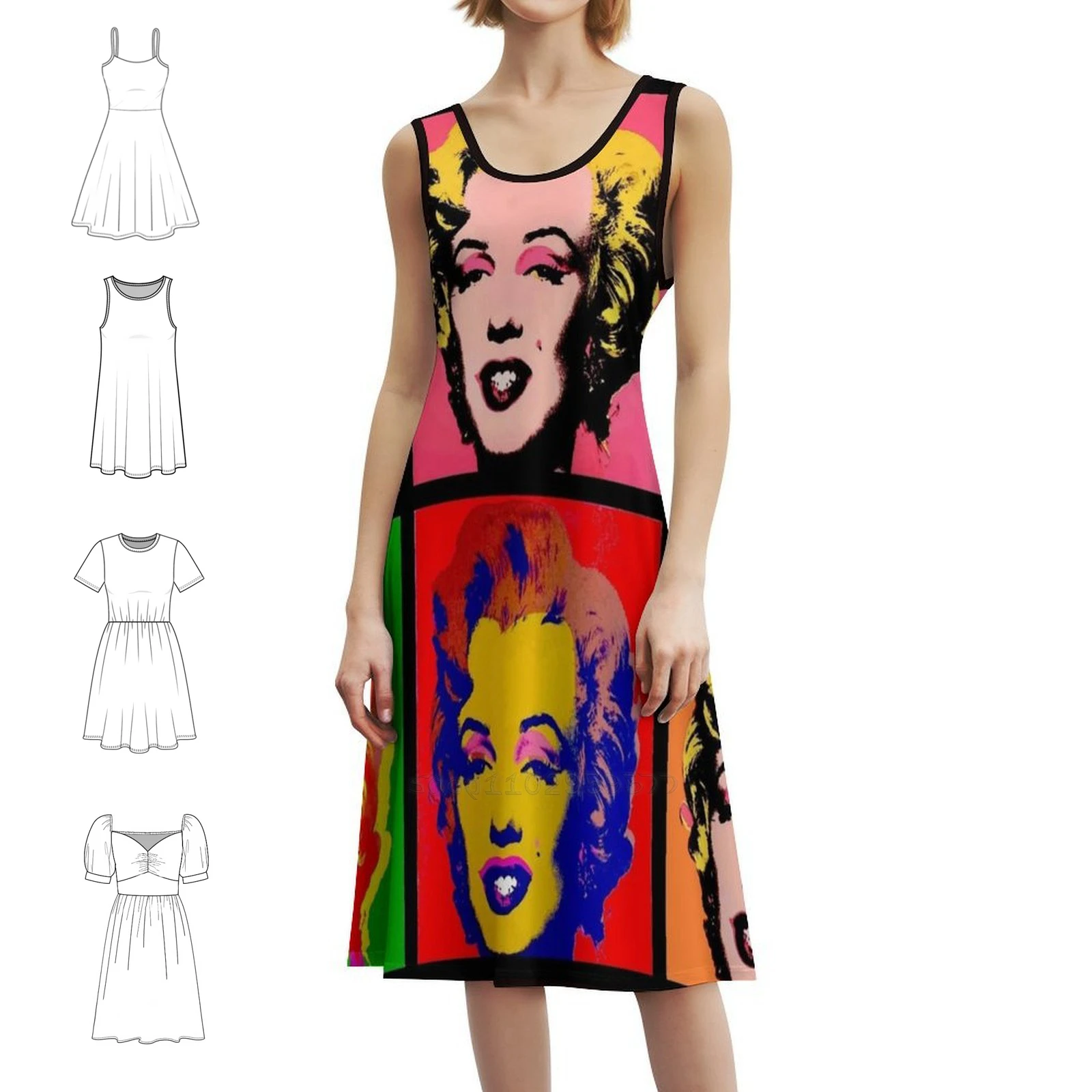 Marilyn Monroe : Abstract Surreal Psychedelic Pop Art Vintage Bohemian Dress Puff Sleeve Or Sleeveless Options For Women Dress