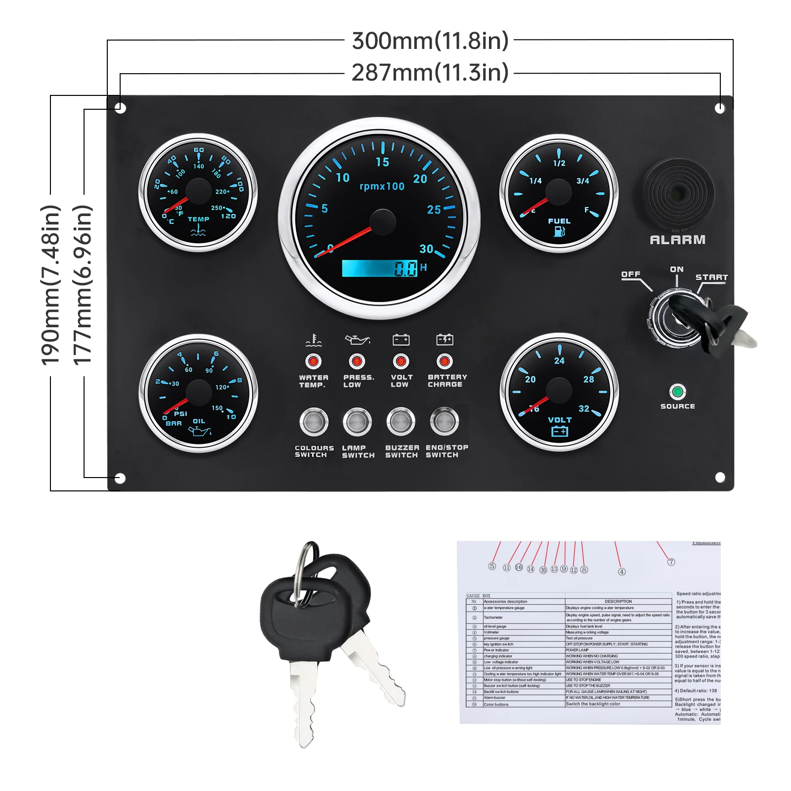 Boots-Armaturenbrett, 5 Gauge-Set, Schalttafel, 85 mm Drehzahlmesser, 3000 U/min–8000 U/min + 52 mm Voltmeter, Ölpresse, Kraftstoffstandsmesser, individuell – Detail 6