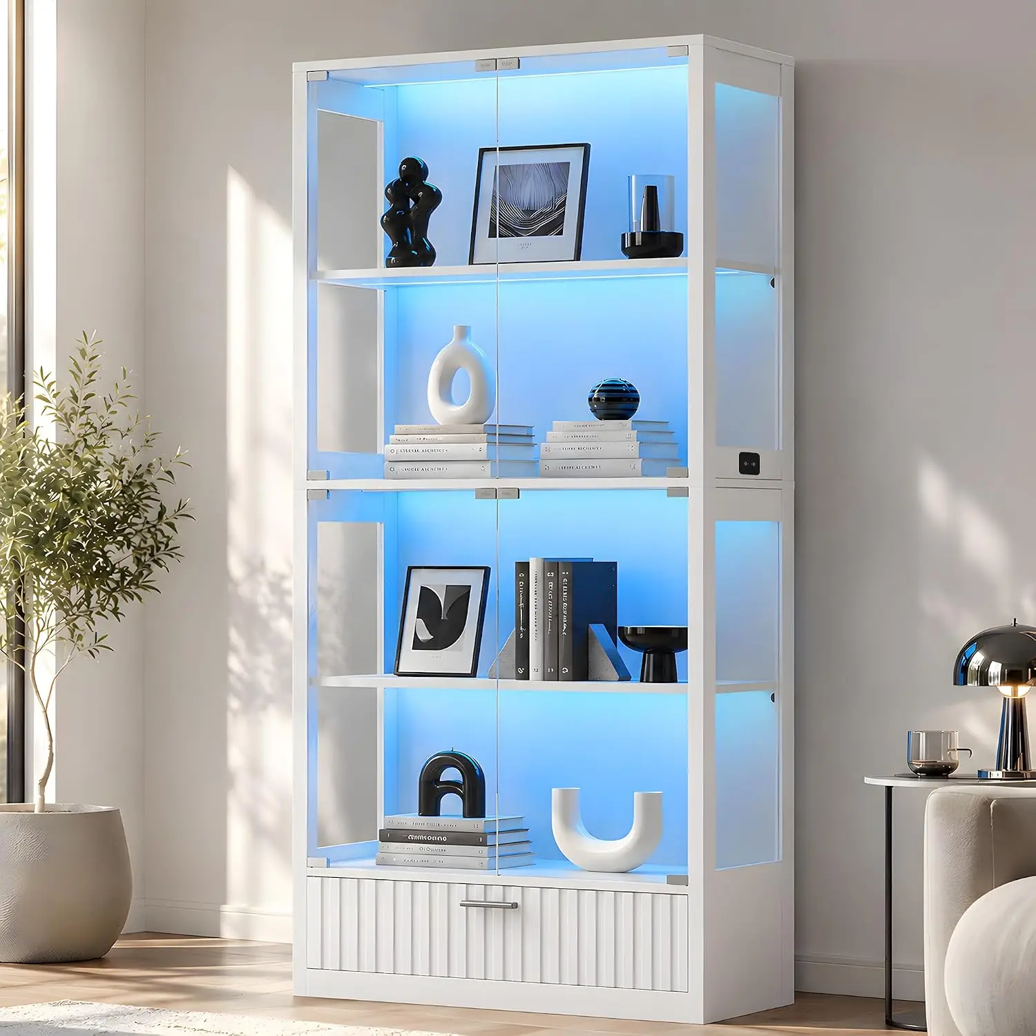 7-Color App & Touch Control, Motion Sensor, 3-Sided Tempered Glass, 4 Display Levels, Fluted Drawer, Anti-Tip Kit, Customized