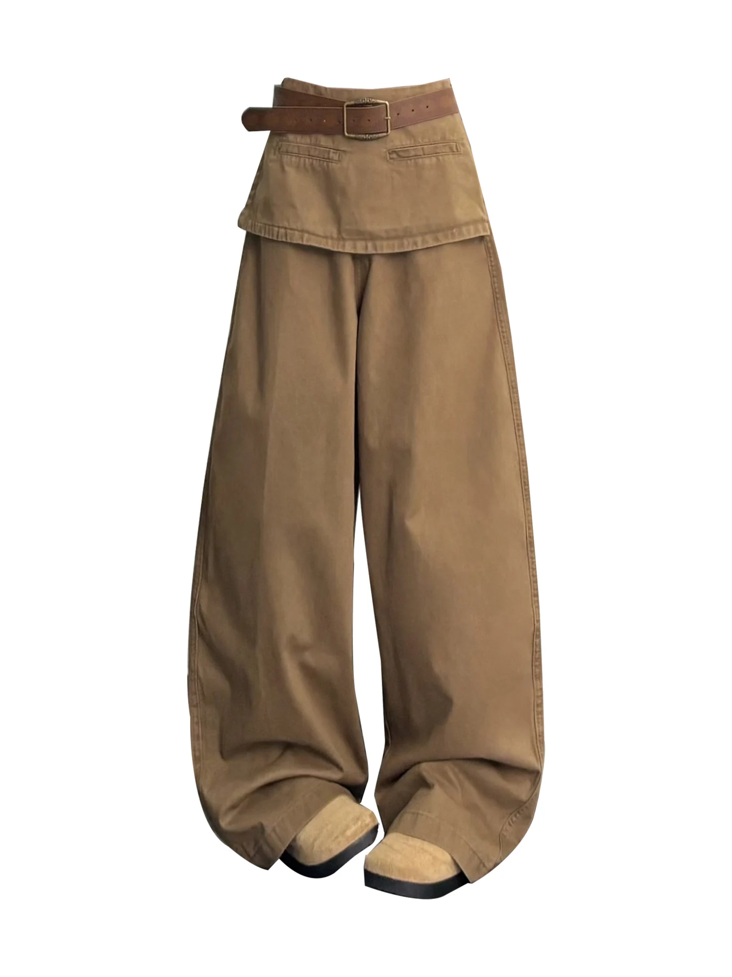 Calças Jeans Fenas Americanas Retrô de Cintura Alta, Corte Solto, Cor Cáqui, Perna Larga, Resistentes ao Desgaste, Casuai...