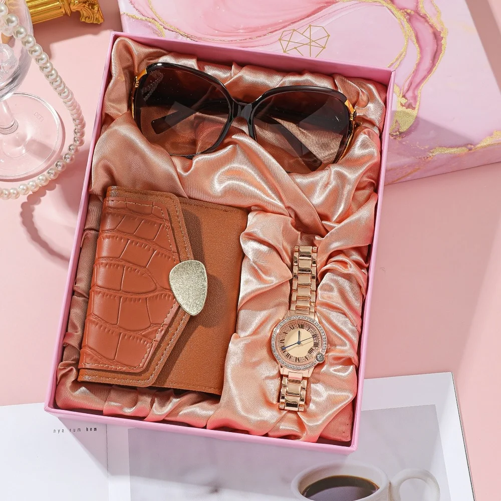 3Pcs/Set Luxury Womens Watches Set with Box Fashion Quartz Watch for Women Sunglasses Wallet Wristwatch Set Gifts Box for Wife