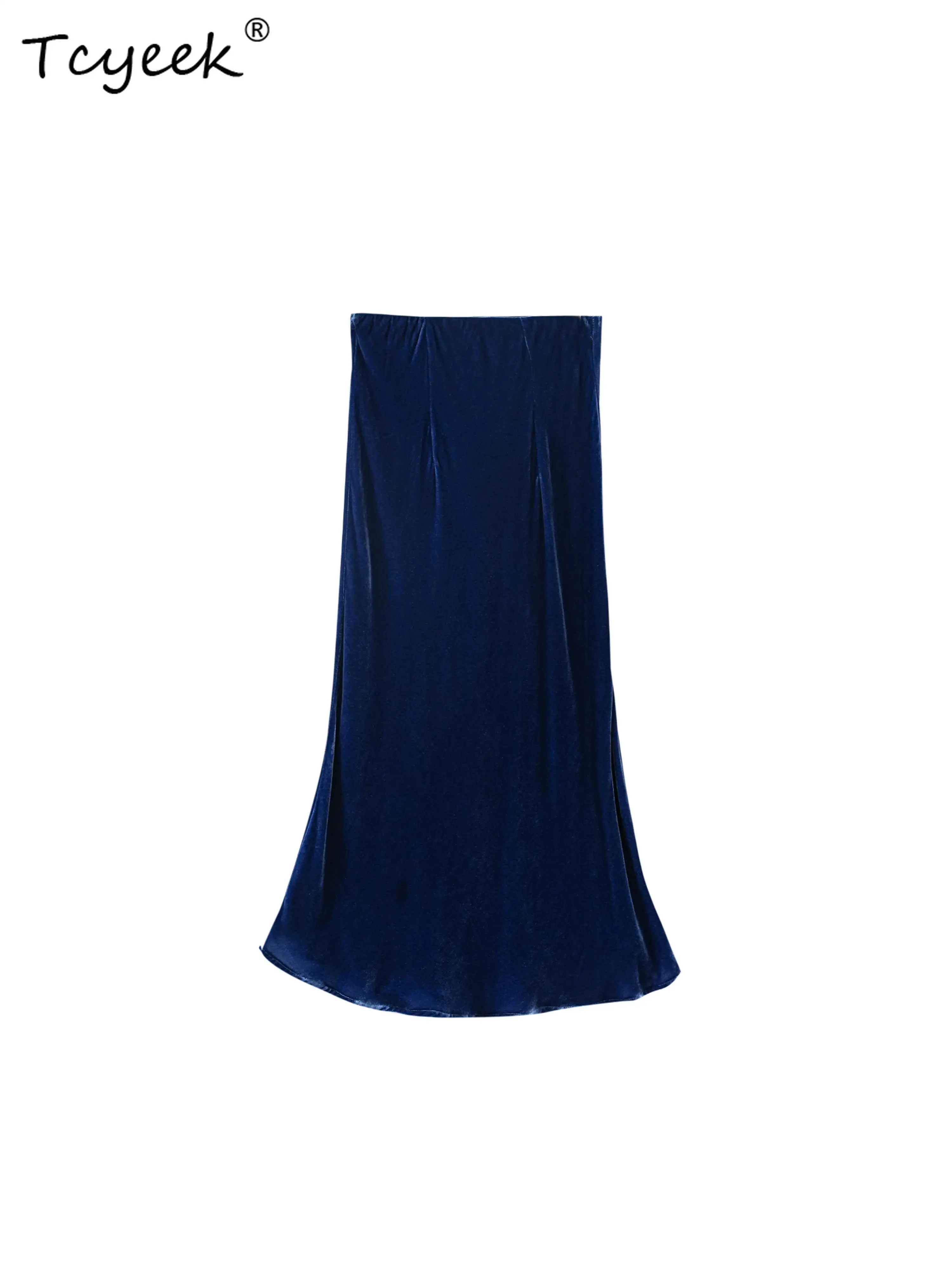 Tcyeek 100% seda amoreira real primavera outono elegante veludo envolto nádegas cauda de peixe cor sólida comprimento médio saia feminina mireト