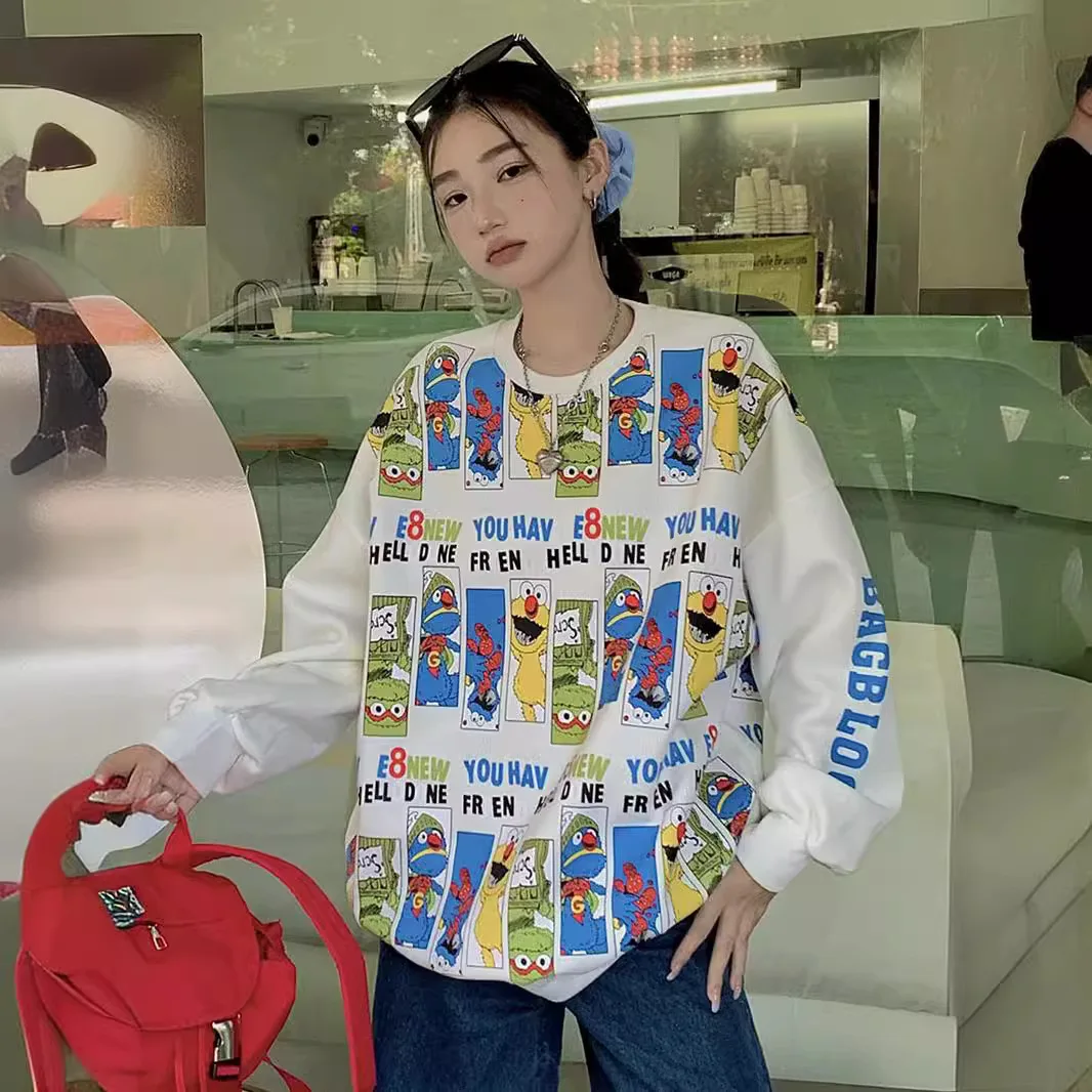 American Style Cartoon Print Oversized Hoodies Women Spring Autumn Fashion Round Neck Loose Mid-Length Casual Sweet Shirt Top