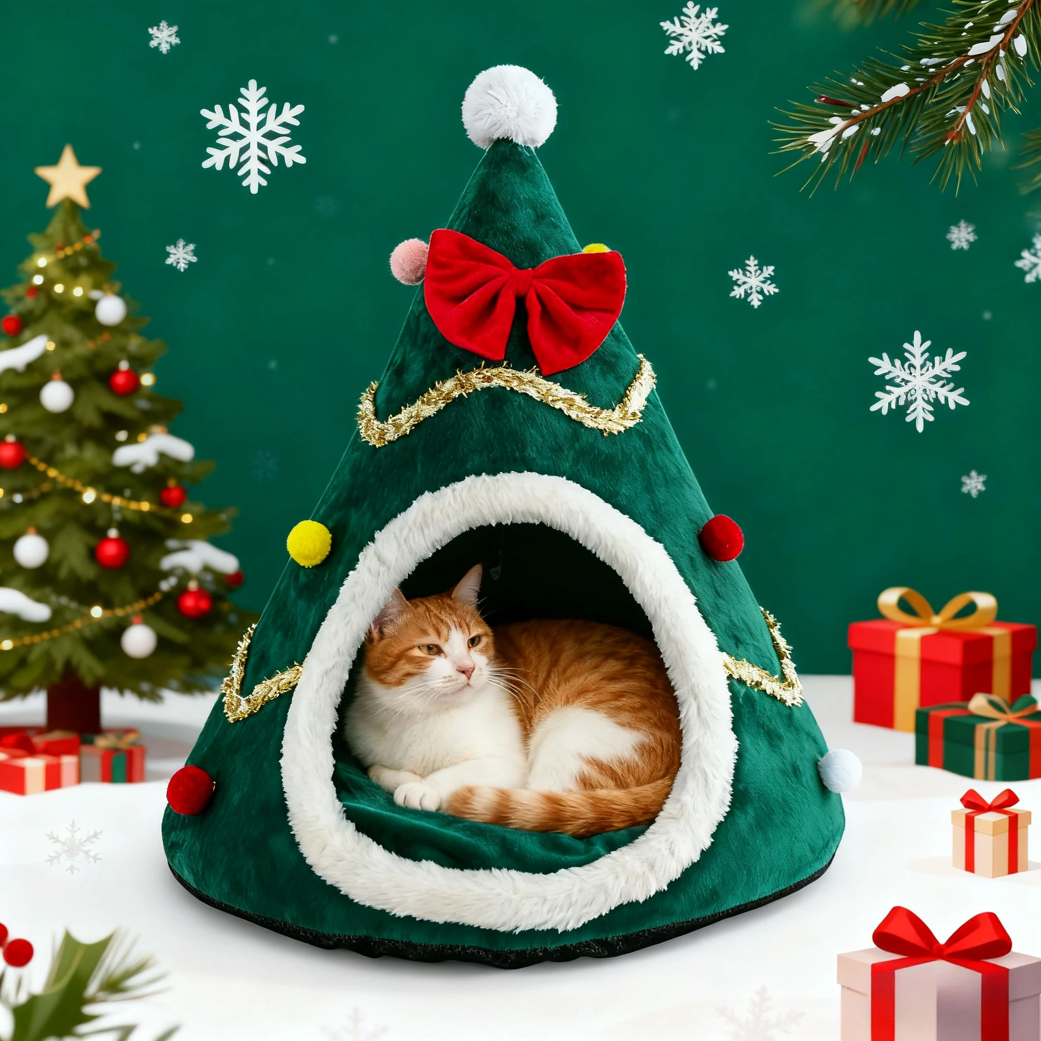 

2026 Christmas Tree Dog House, Detachable and Washable Mongolian Yurt Pet Cat House Bed, Winter Warm and Enclosed Cat Pet Bed