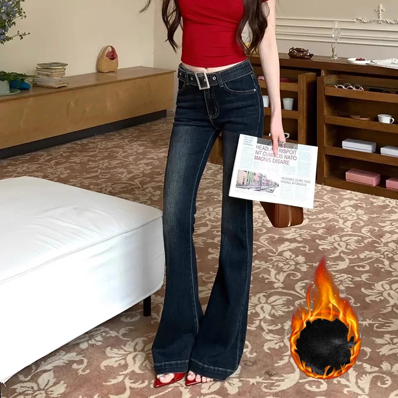 Winter Lady Thermal Plush Flared Jeans Girls Chic Designer High Waist Snow Warm Trousers Women Korean Fashion Velvet Denim Pants
