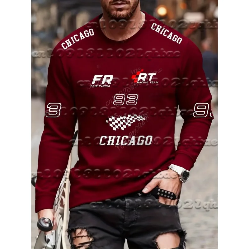 

Men Trendy Letter Pattern Printed T-shirt Motorcycle Casual Loose T-shirt Autumn and Winter Outdoor Sports Long-sleeved T-shirt