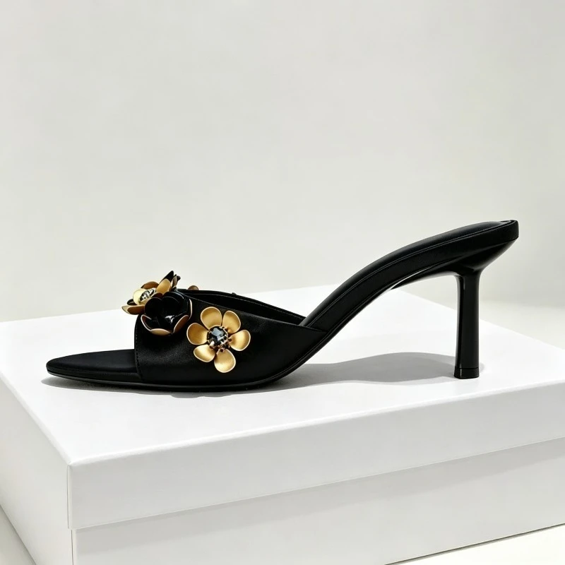 

Металлические туфли-слиперы класса люкс с цветочным декором для женщин, лето 2026, открытые туфли на высоком каблуке, модные брендовые туфли-лодочки, женские сандалии