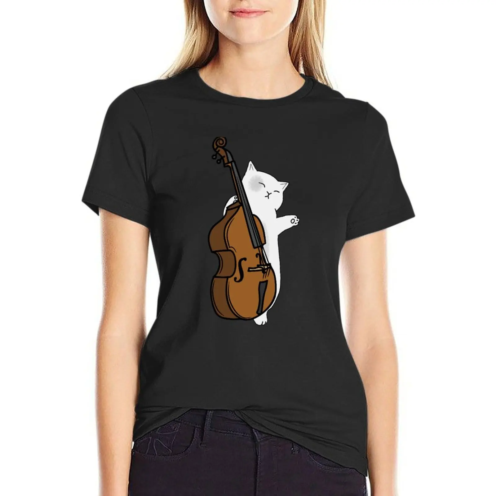 

Cute Cat Double Bass Player For Double Bass Player And Classical Musician As A Double Bass T-shirt summer clothes woman t shirt