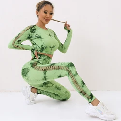 CHRLEISURE 2PCS Seamless Yoga Set Women Tie Dye Sports Suit Hollow Fitness Top  with Workout Leggings Slim Athletic Outfit