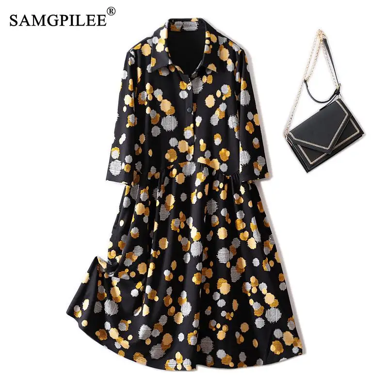 

Elegant Dresses For Women Polo Collar Colorful Polka Dot Pocket Large Swing Drape Knitted Stretch Three Quarter Sleeve Dress