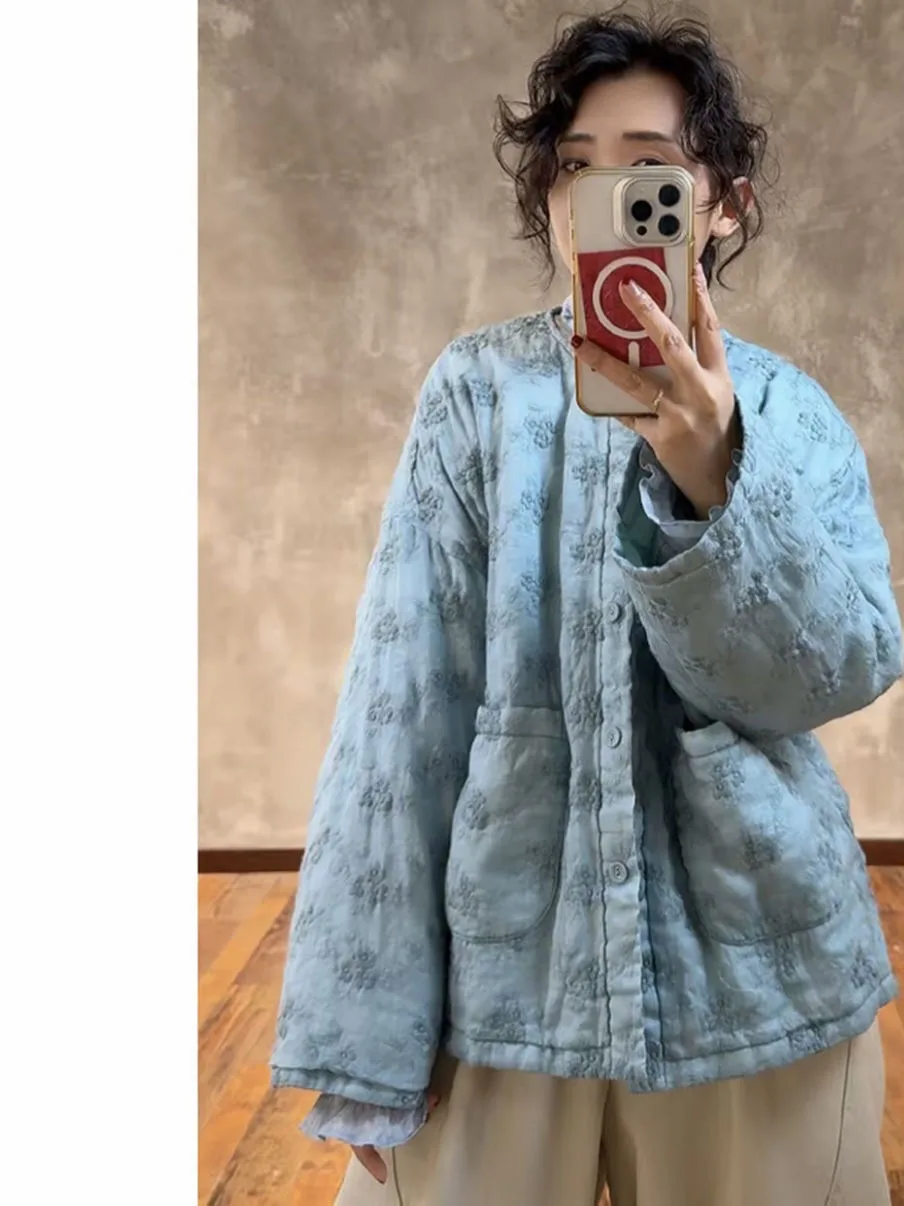 

Casual Loose Cotton Jaet Women's round Ne Embroidered Flax Outerwear Warm Winter Faion Artistic Sle Long Sve Coat