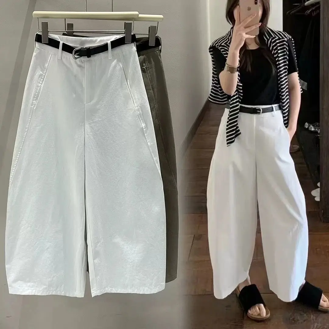 

Брюки с высокой талией и широкими штанинами для полных женщин, весна-осень, новые, укороченные, с эффектом похудения