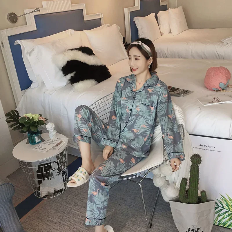 Four Seasons Damen-Pyjama-Set mit Revers-Oberteil und langer Hose, kariert, gestreift, bedruckt, 2-teiliges Set, Damen-Nachtwäsche, Homewear – Detail 7