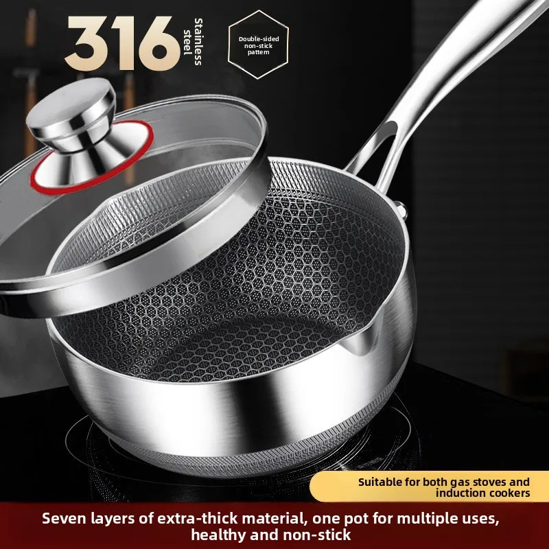 316 Stainless Steel Japanese Snow Flat Pot Non-Stick Pan Baby Auxiliary Food Pot Home Single Person Cooking Noodle Soup Pot