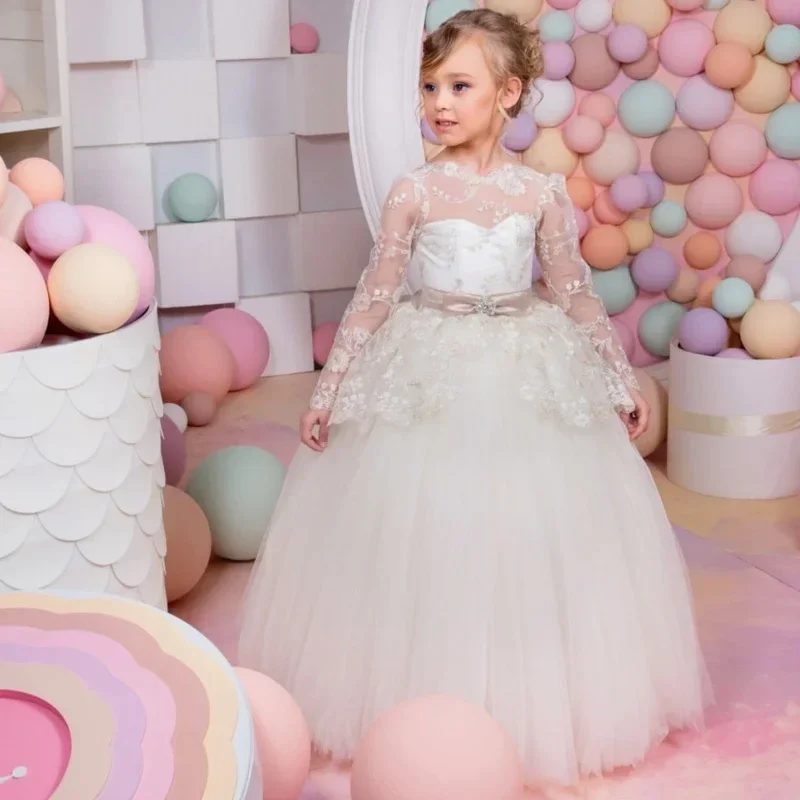 

Flower Girl Dresses Ivory Tulle Flory Appliques With Bow Belt Long Sleeve For Wedding Birthday Party Banquet Princess Gowns