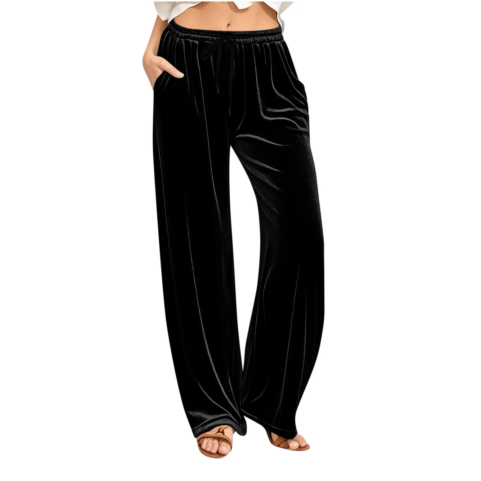 Women's Velvet Wide Leg Pants Casual Runners Drawstring Waist Autumn Collection Cross-Border Independent Station