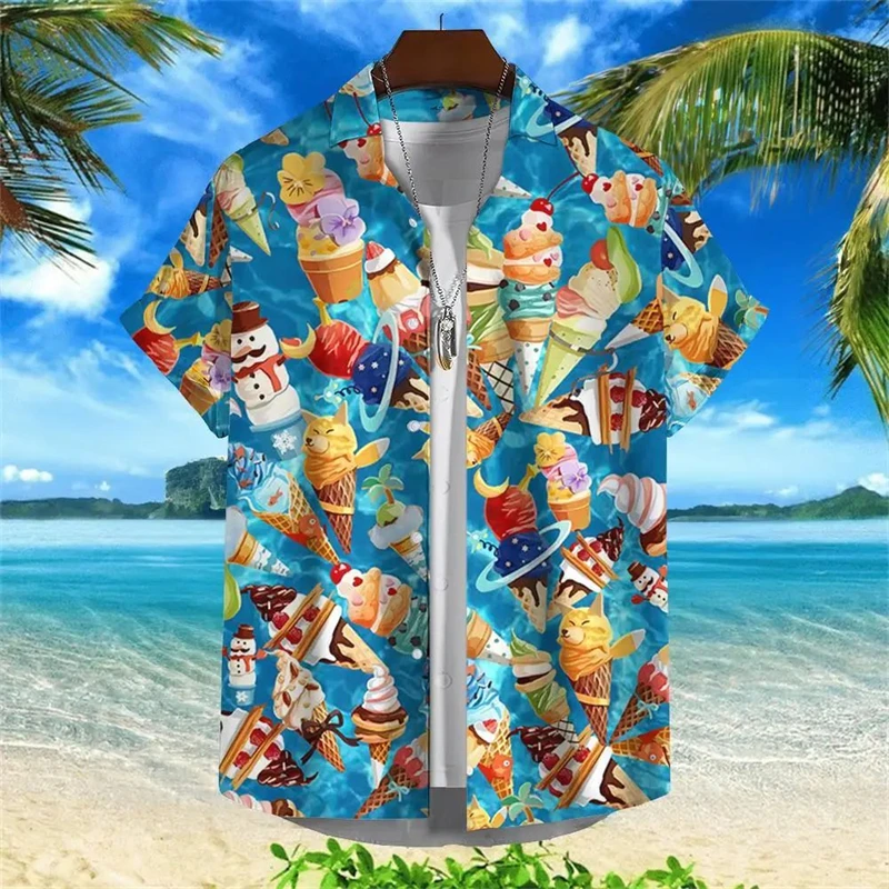 2024 Hawaiian Shirt For Men Summer Cold Ice Cream Short Sleeve Shirt Tops Casual Popsicle Blouses Icecream Female Button Clothes