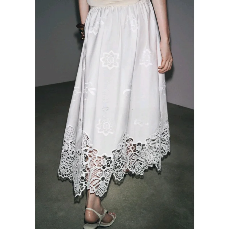 

New Summer Women's Embroidered Cotton Blend Midi Skirt High Waist A-Line Skirt Commute Sle Pure Color Polyester Fiber