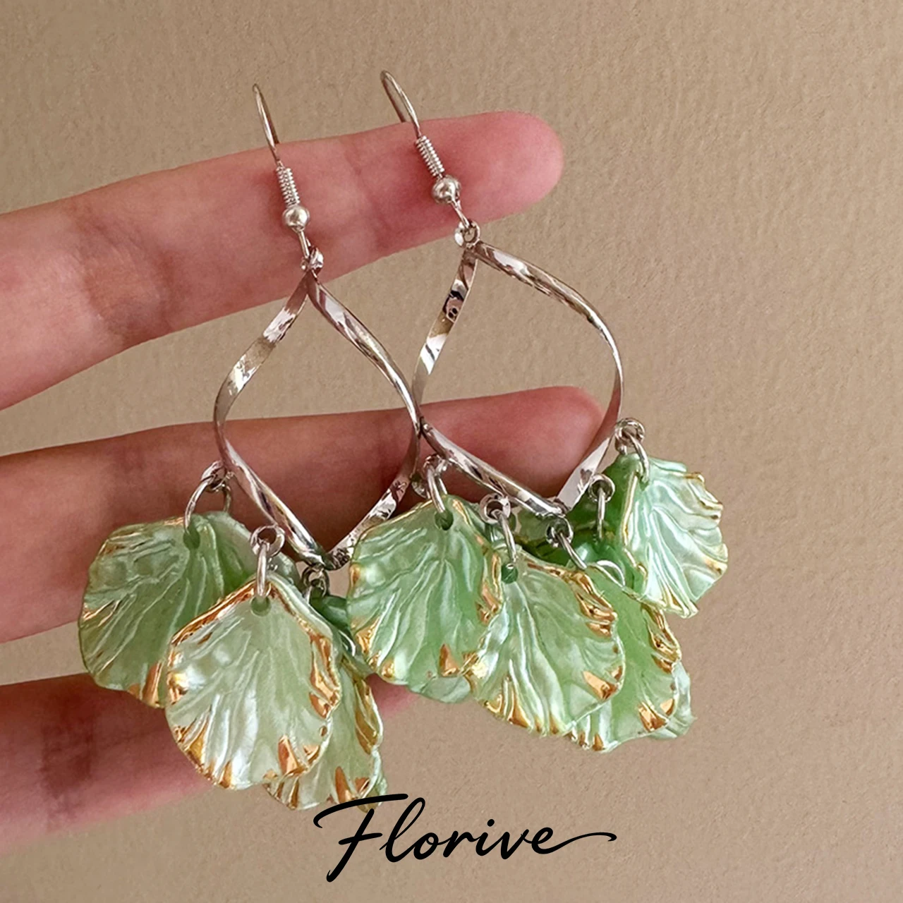 Florive Green Leaf Tassel Dangle Earrings for Women Silver Twisted Teardrop Frame Gold Trim Leaf Drop Earrings Boho Jewelry