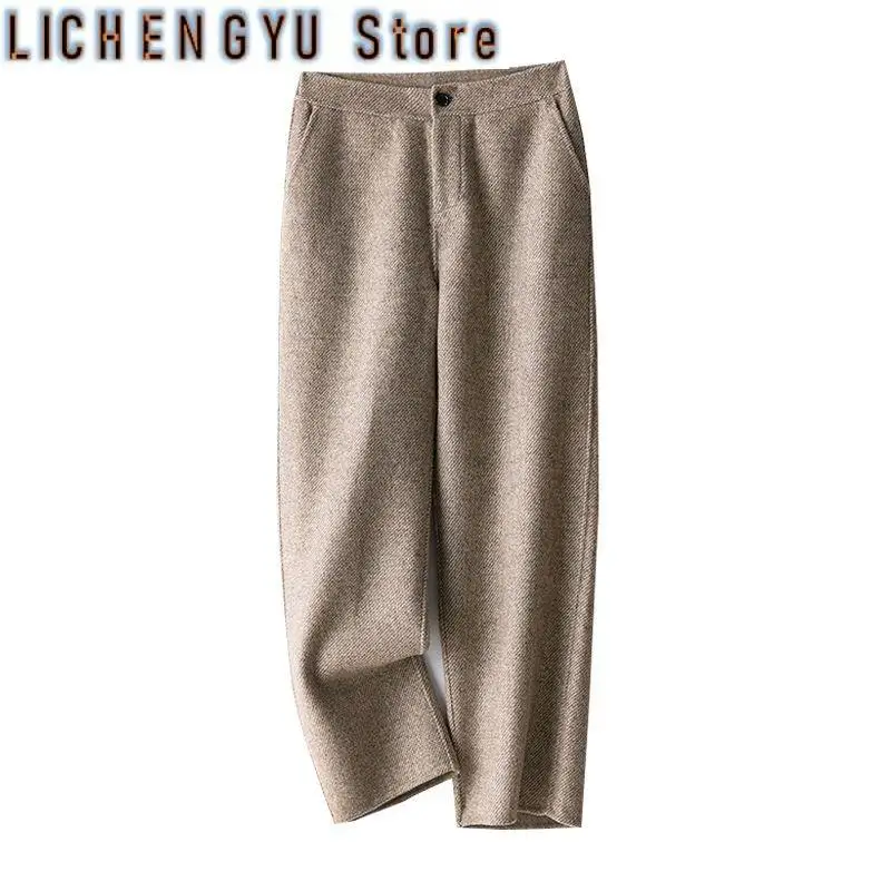 New Woolen Pipe Pants Women Autumn Winter Loose Straight High Waist Tweed Casual Nine Points Radish Trousers