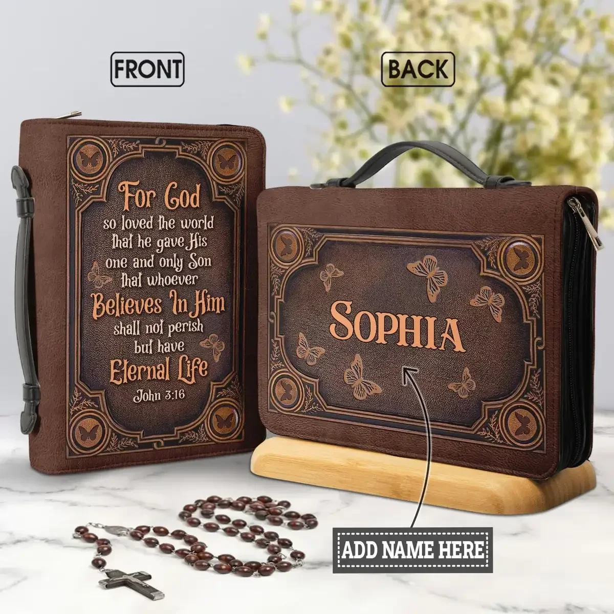 For God So Loved John 3 16 Butterfly Print Leather Bible Cover for Women New Zippered Handle Leather Handbags Bible Storage Bags
