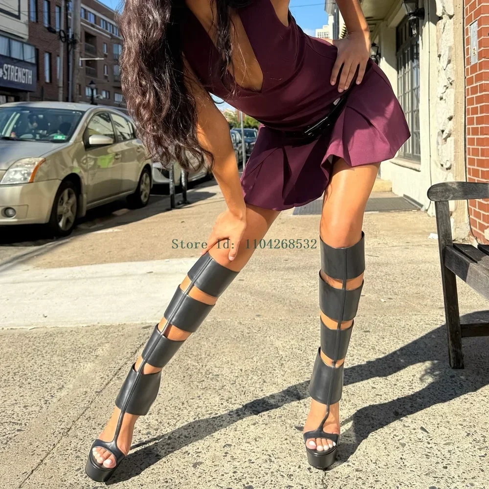 

Leather Platform Hollow Out Sandal Boots Sexy Open Toe Thin Heel Zipper New Arrivls Fashion Women Modern Sandals