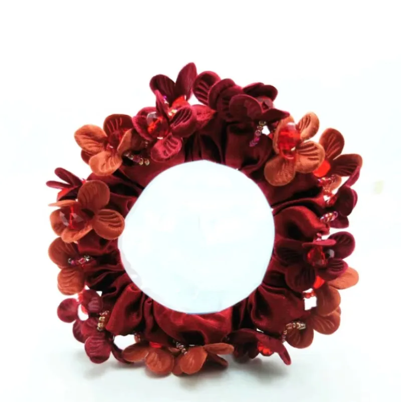 Elegante Scrunchie Flor Grande com Pérola e Cristal, Tecido de borracha Bun, Elastique Scrunchie, Acessórios coreanos