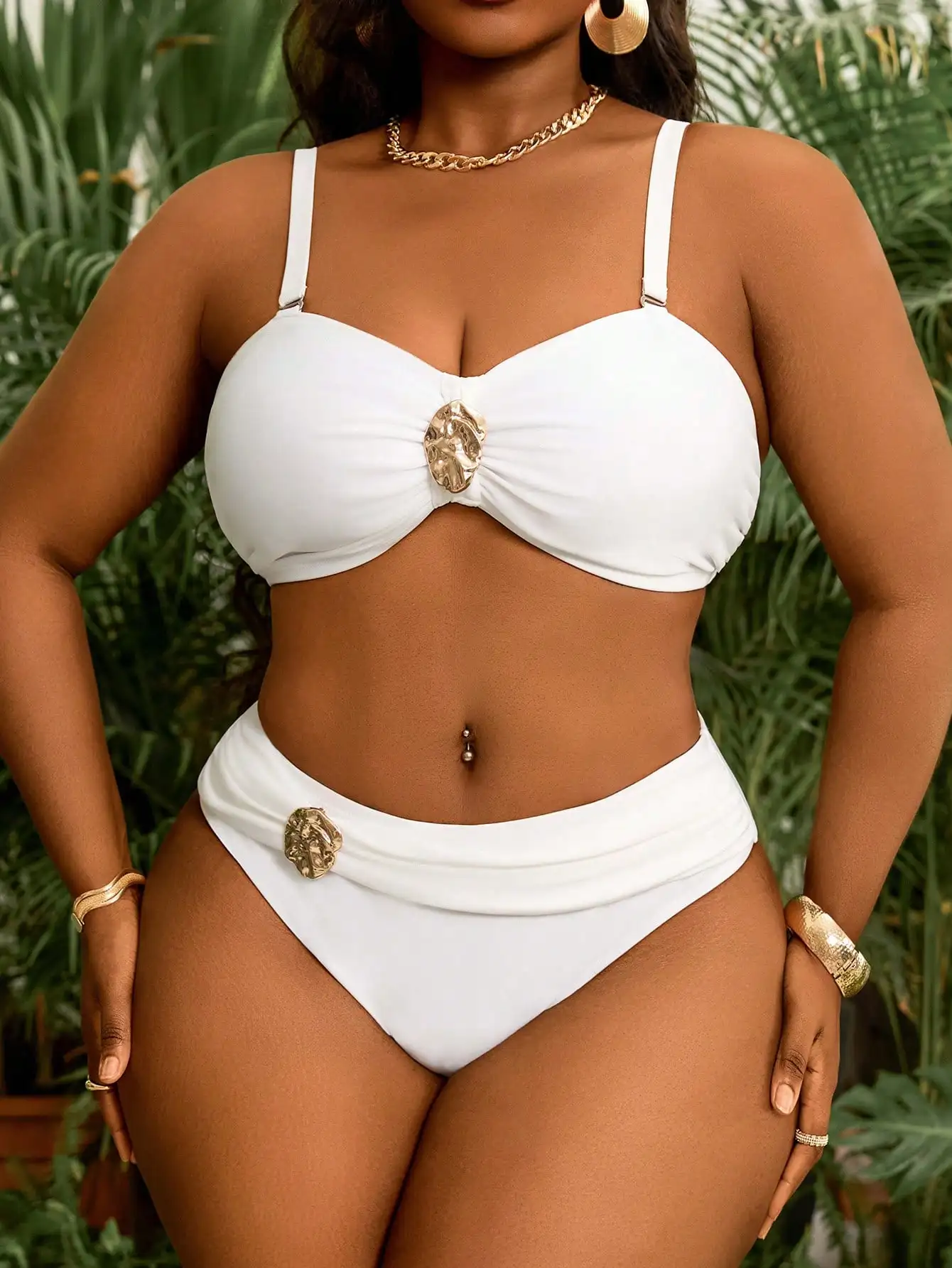 

White Plus Size Detachable Bandeau Bikini Set High Waist Swimwear For Beach Vacation
