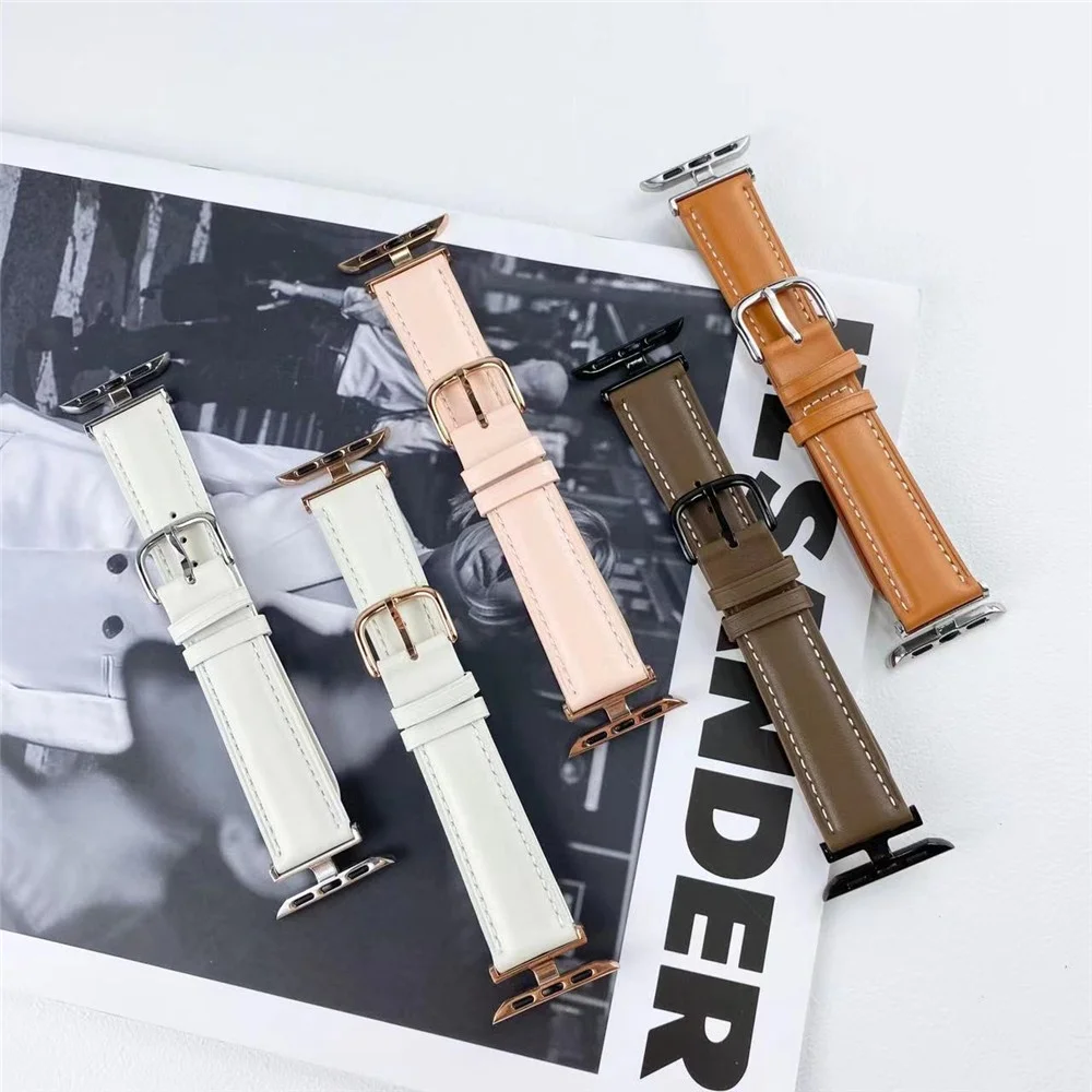 High-end Cowhide Leather+Stainless Steel Watchbands for Iwatch Series Ultra 8 749mm 45mm Soft Watch Strap for Apple 40mm 41mm