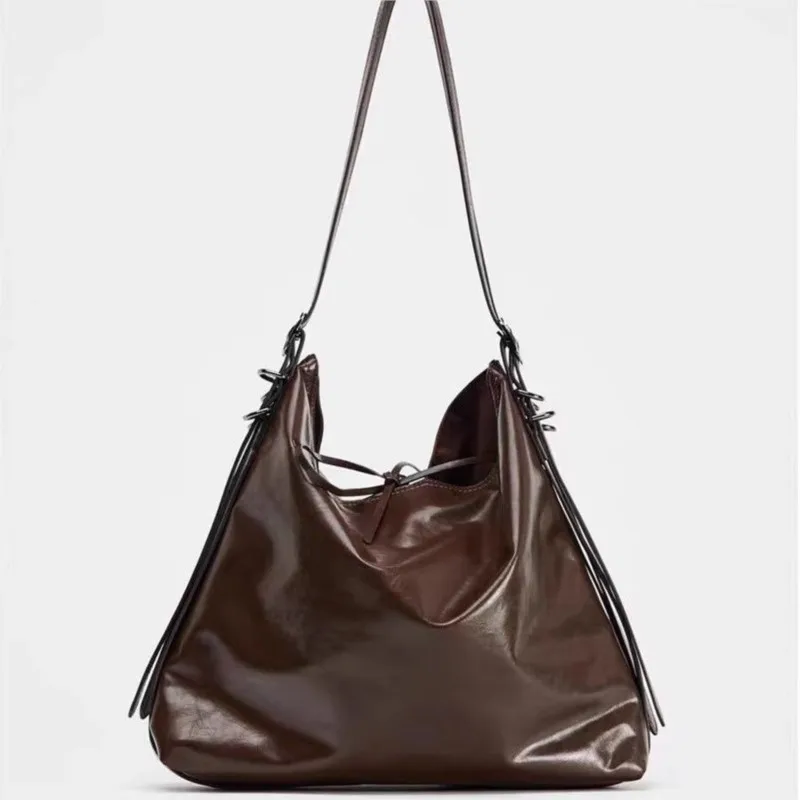 

Сплошной цвет, простой дизайн, женская сумка-тоут из вощеной кожи, большая вместительная сумка на плечо, женская модная повседневная сумка через плечо для поездок на работу