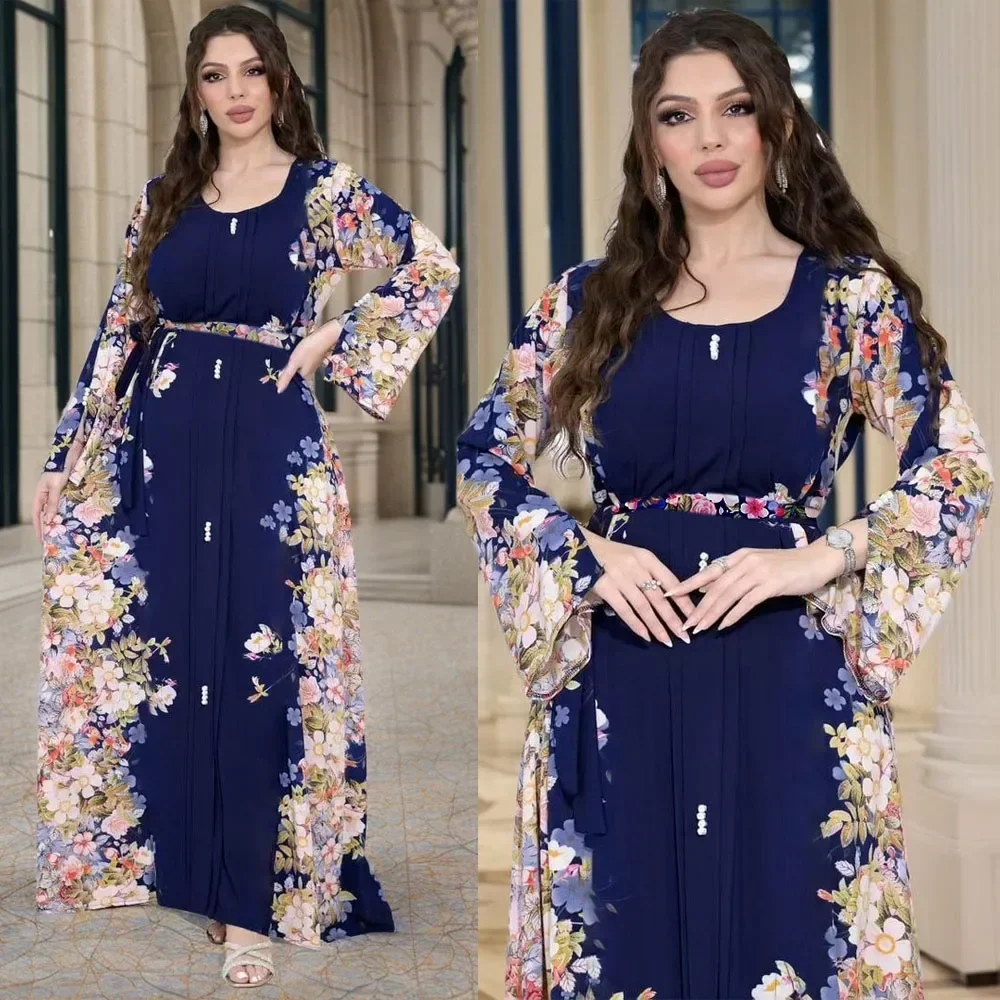 

Pearls Retro Floral Printed Dress with Belt Muslim Women Abaya Fashion Round Neck Vestidos Split Sleeves Jalabiya Islam Caftan