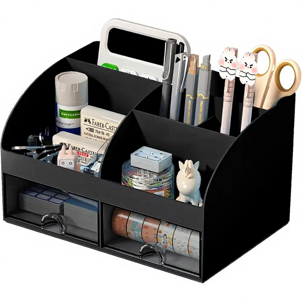 

6-Compartment & 2-Drawer Plastic Desk Organizer for Makeup & Office Supplies - Ideal for School, Home, and Work (Black)