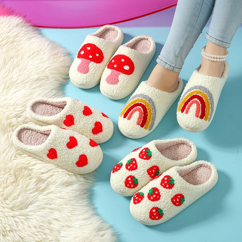 Autumn Winter Women Indoor Slippers Man Cotton Non-Slip Soft Warm Slides Home Rainbow Love Heart Plush Shoes Christmas Present