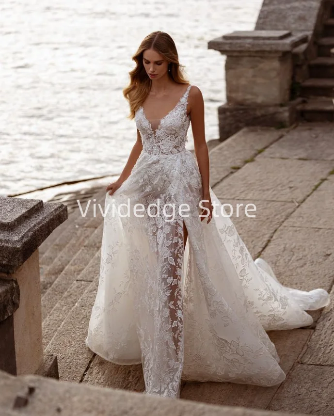 

Elegant White Women's Backless Wedding Dress Lace Applique Bridal Gowns V-Neck Split A-Line Dresses vestido de casamento