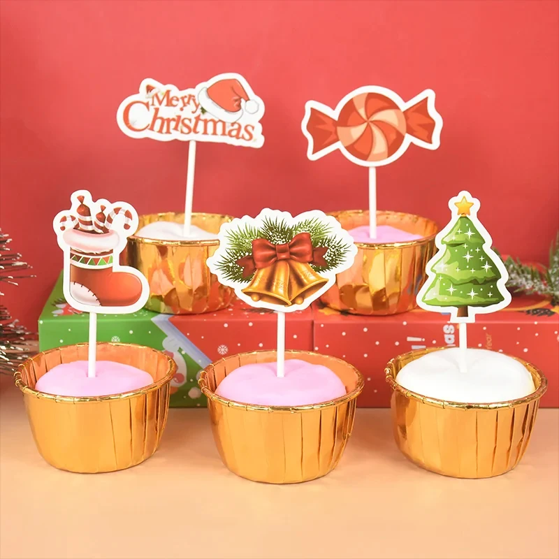 16/48Pcs Cartoon Christmas Cake Topper Santa Claus Xmas Tree Cupcake Topper for New Year Party Xmas Cake Decoration Noel Navidad