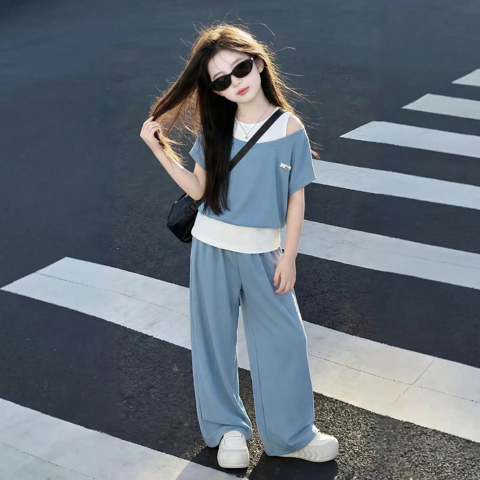 Teenager Girls Clothes set children tracksuit crop Top layered t shirt & Loose Wide-Leg Pants 2-Piece Summer Outfit 4 10 12 year