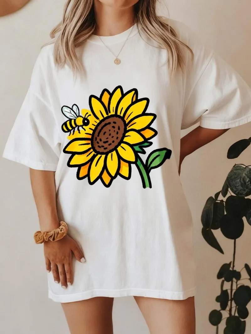Women's White T-shirt Printed Sunflower and Bee Printed Summer Fashionable Casual Daily All-match