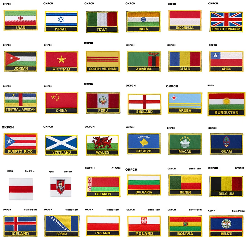 200+ بقع علم مختلفة مستطيلة وشكل درع حديد على بقع التطريز المنشار على تطبيقات رقعة النقل