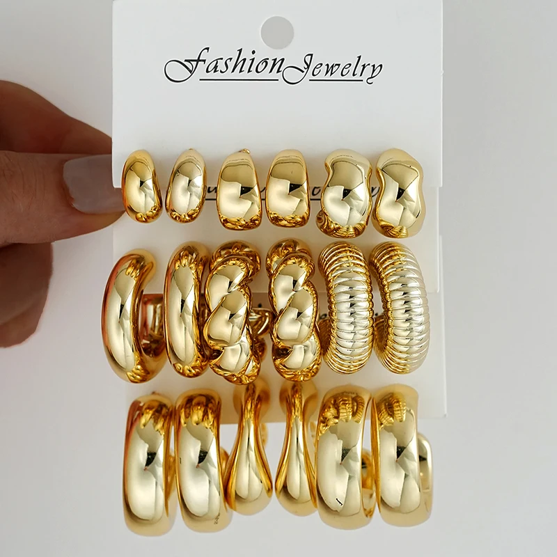 Vintage Elegant CCB Earrings Set For Women Creative Asymmetrical C-Shaped Design Lightweight Hoop Earring Daily Wear Jewelry New