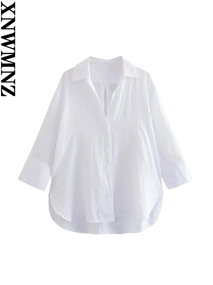 XNWMNZ Women's Fashion 2023 Asymmetric Hem Linen Shirt Women Casual Versatile Lapel Long Sleeve Front Button Female Top